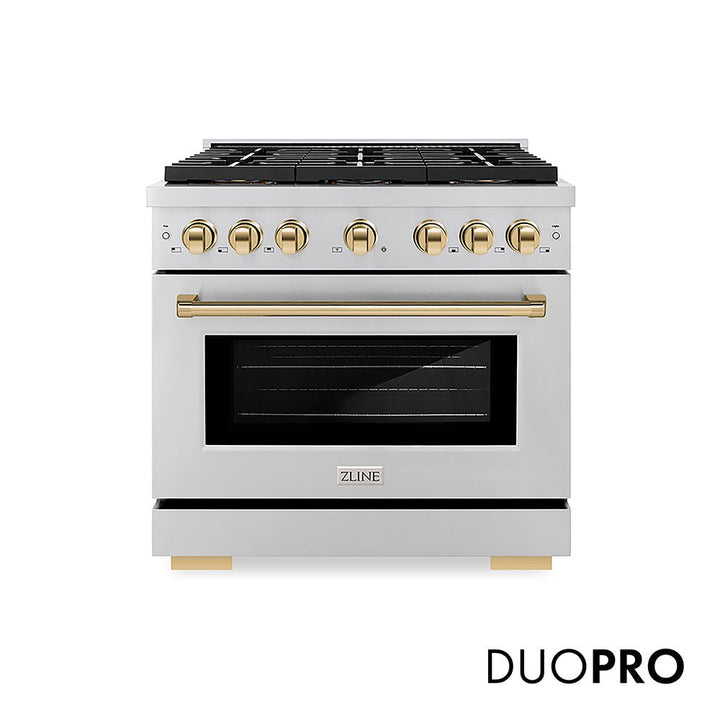 ZLINE Autograph Edition 36 in. 5.2 cu. ft. Paramount Gas Range with 6 Burner DuoProâ„¢ Cooktop and Convection Gas Oven in Stainless Steel and Polished Gold Accents (PSGRZ-36-G)