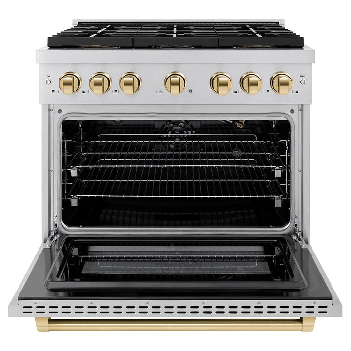 ZLINE Autograph Edition 36 in. 5.2 cu. ft. Paramount Gas Range with 6 Burner DuoProâ„¢ Cooktop and Convection Gas Oven in Stainless Steel and Polished Gold Accents (PSGRZ-36-G)