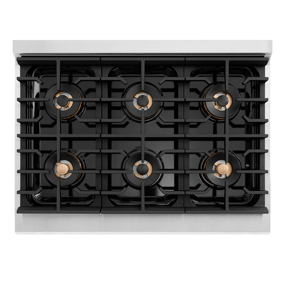 ZLINE Autograph Edition 36 in. 5.2 cu. ft. Paramount Gas Range with 6 Burner DuoProâ„¢ Cooktop and Convection Gas Oven in Stainless Steel with Champagne Bronze Helix Handle and Accents (PSGRZ-36-KCB)