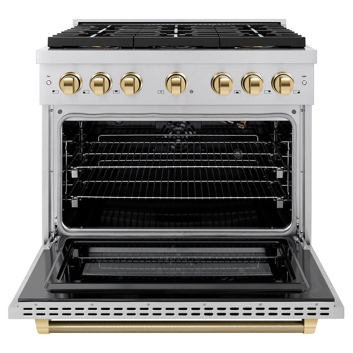 ZLINE Autograph Edition 36 in. 5.2 cu. ft. Paramount Gas Range with 6 Burner DuoProâ„¢ Cooktop and Convection Gas Oven in Stainless Steel with Champagne Bronze Helix Handle and Accents (PSGRZ-36-KCB)