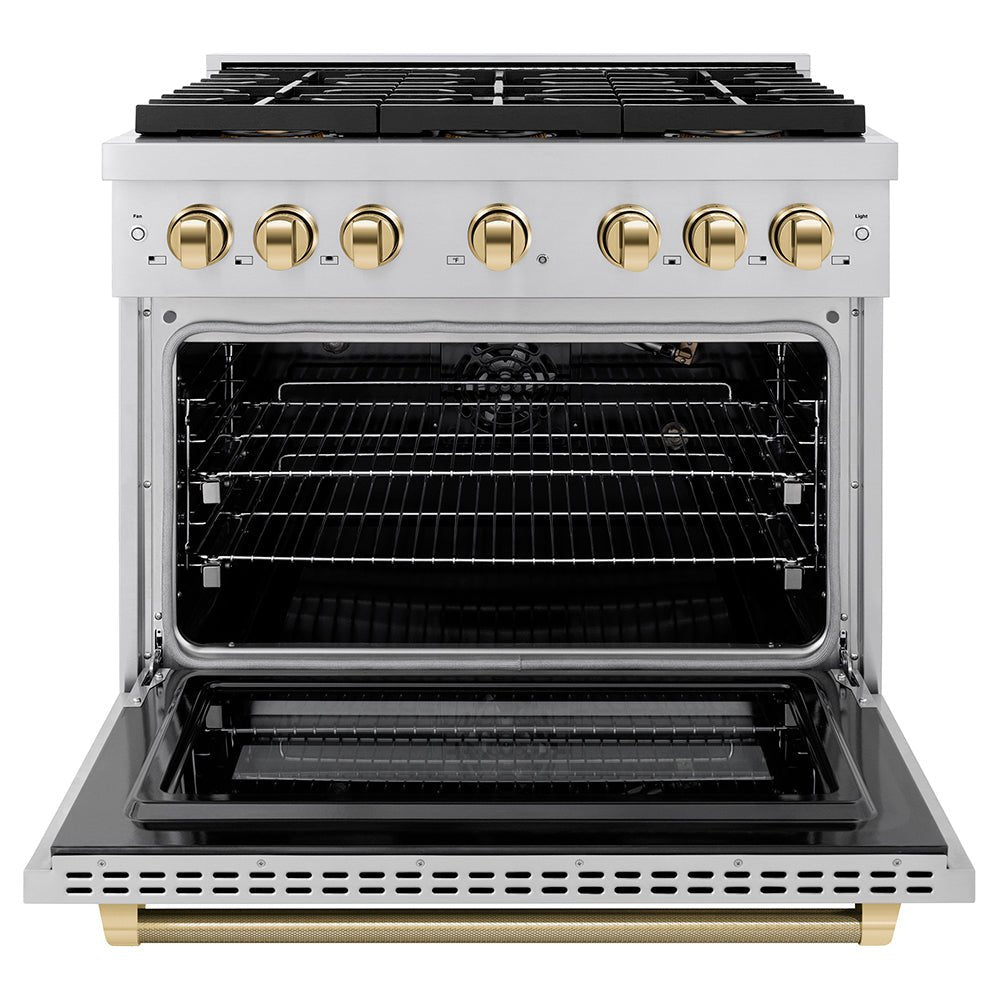 ZLINE Autograph Edition 36 in. 5.2 cu. ft. Paramount Gas Range with 6 Burner DuoProâ„¢ Cooktop and Convection Gas Oven in Stainless Steel with Polished Gold Helix Handle and Accents (PSGRZ-36-KG)