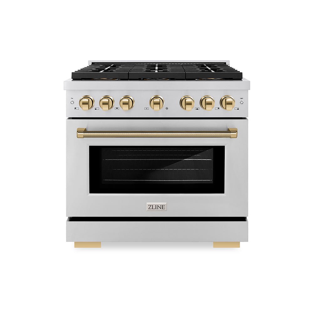 ZLINE Autograph Edition 36 in. 5.2 cu. ft. Paramount Gas Range with 6 Burner DuoProâ„¢ Cooktop and Convection Gas Oven in Stainless Steel with Polished Gold Helix Handle and Accents (PSGRZ-36-KG)