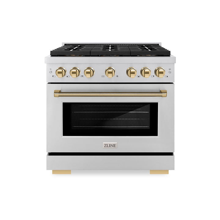 ZLINE Autograph Edition 36 in. 5.2 cu. ft. Paramount Gas Range with 6 Burner DuoProâ„¢ Cooktop and Convection Gas Oven in Stainless Steel with Polished Gold Helix Handle and Accents (PSGRZ-36-KG)