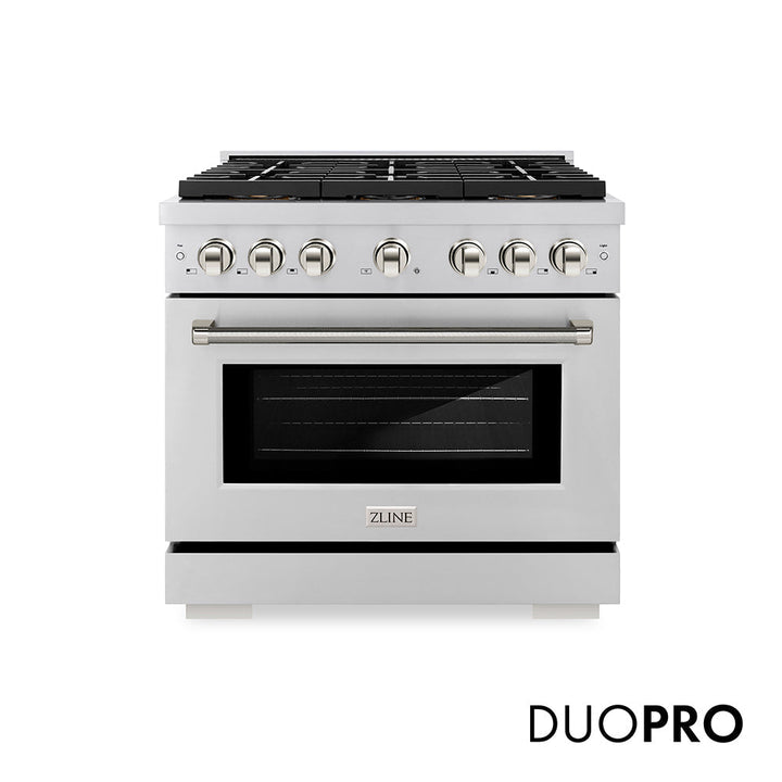 ZLINE Autograph Edition 36 in. 5.2 cu. ft. Paramount Gas Range with 6 Burner DuoProâ„¢ Cooktop and Convection Gas Oven in Stainless Steel with Polished Nickel Helix Handle and Accents (PSGRZ-36-KPN)