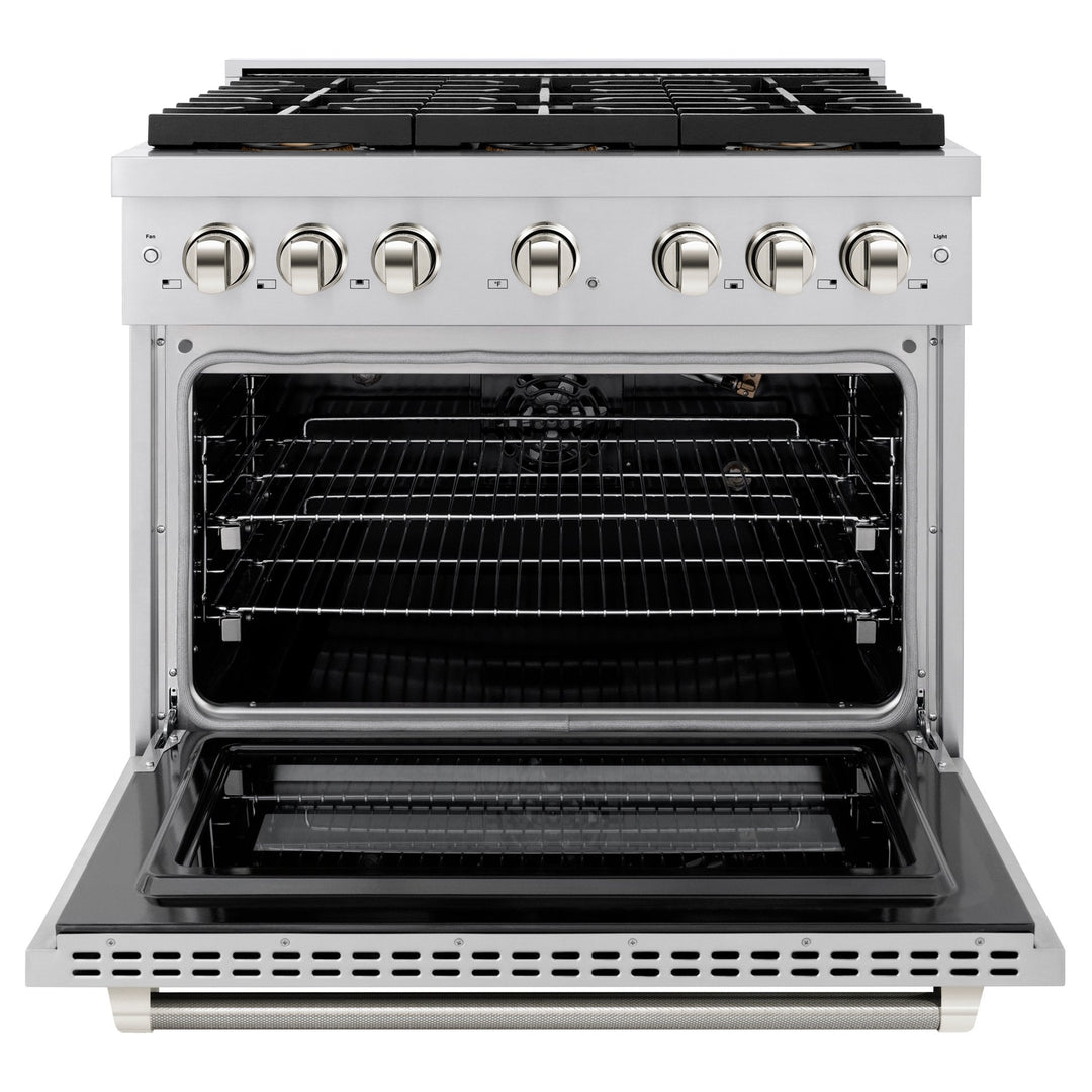 ZLINE Autograph Edition 36 in. 5.2 cu. ft. Paramount Gas Range with 6 Burner DuoProâ„¢ Cooktop and Convection Gas Oven in Stainless Steel with Polished Nickel Helix Handle and Accents (PSGRZ-36-KPN)