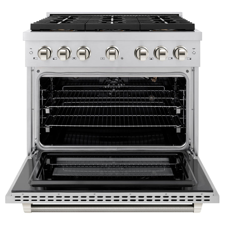 ZLINE Autograph Edition 36 in. 5.2 cu. ft. Paramount Gas Range with 6 Burner DuoProâ„¢ Cooktop and Convection Gas Oven in Stainless Steel with Polished Nickel Helix Handle and Accents (PSGRZ-36-KPN)