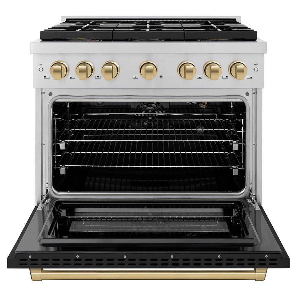 ZLINE Autograph Edition 36 in. 5.2 cu. ft. Paramount Gas Range with 6 Burner DuoProâ„¢ Cooktop and Convection Gas Oven with Black Matte Door and Champagne Bronze Accents (PSGRZ-BLM-36-CB)