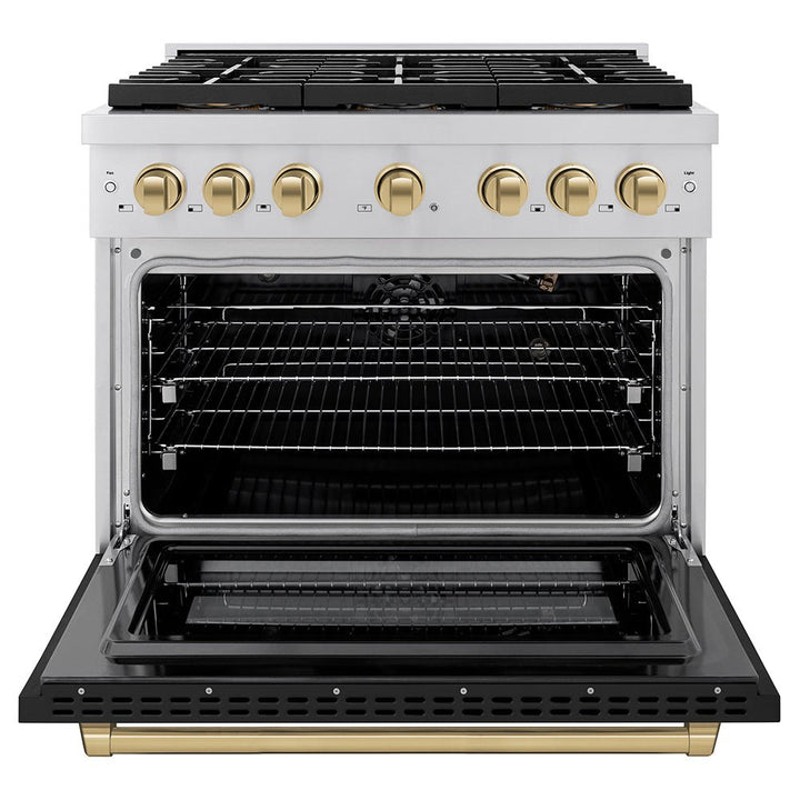 ZLINE Autograph Edition 36 in. 5.2 cu. ft. Paramount Gas Range with 6 Burner DuoProâ„¢ Cooktop and Convection Gas Oven with Black Matte Door and Champagne Bronze Accents (PSGRZ-BLM-36-CB)