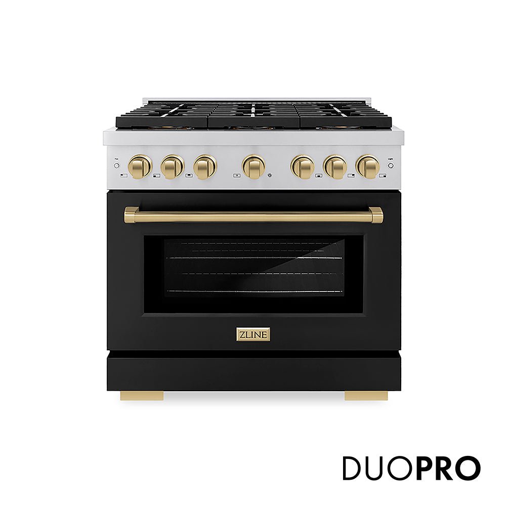 ZLINE Autograph Edition 36 in. 5.2 cu. ft. Paramount Gas Range with 6 Burner DuoProâ„¢ Cooktop and Convection Gas Oven with Black Matte Door and Champagne Bronze Accents (PSGRZ-BLM-36-CB)