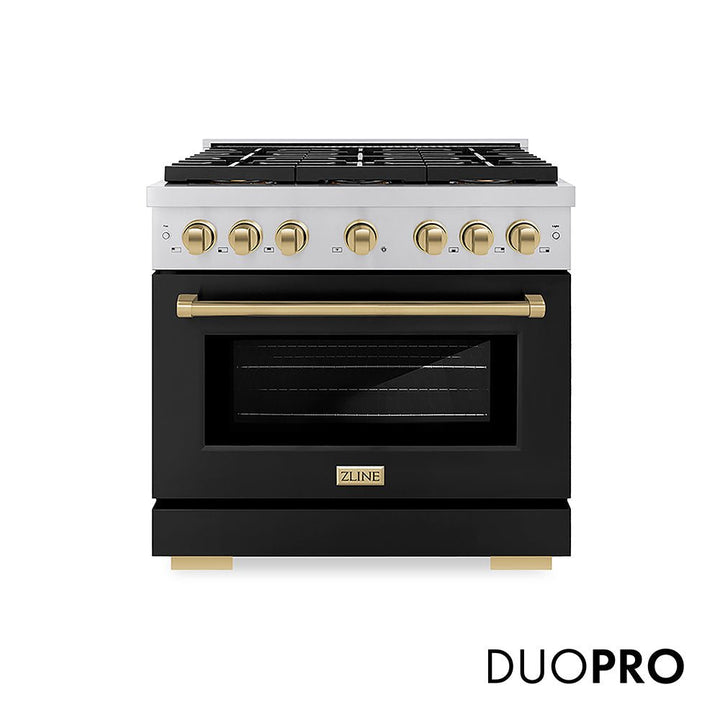 ZLINE Autograph Edition 36 in. 5.2 cu. ft. Paramount Gas Range with 6 Burner DuoProâ„¢ Cooktop and Convection Gas Oven with Black Matte Door and Polished Gold Accents (PSGRZ-BLM-36-G)