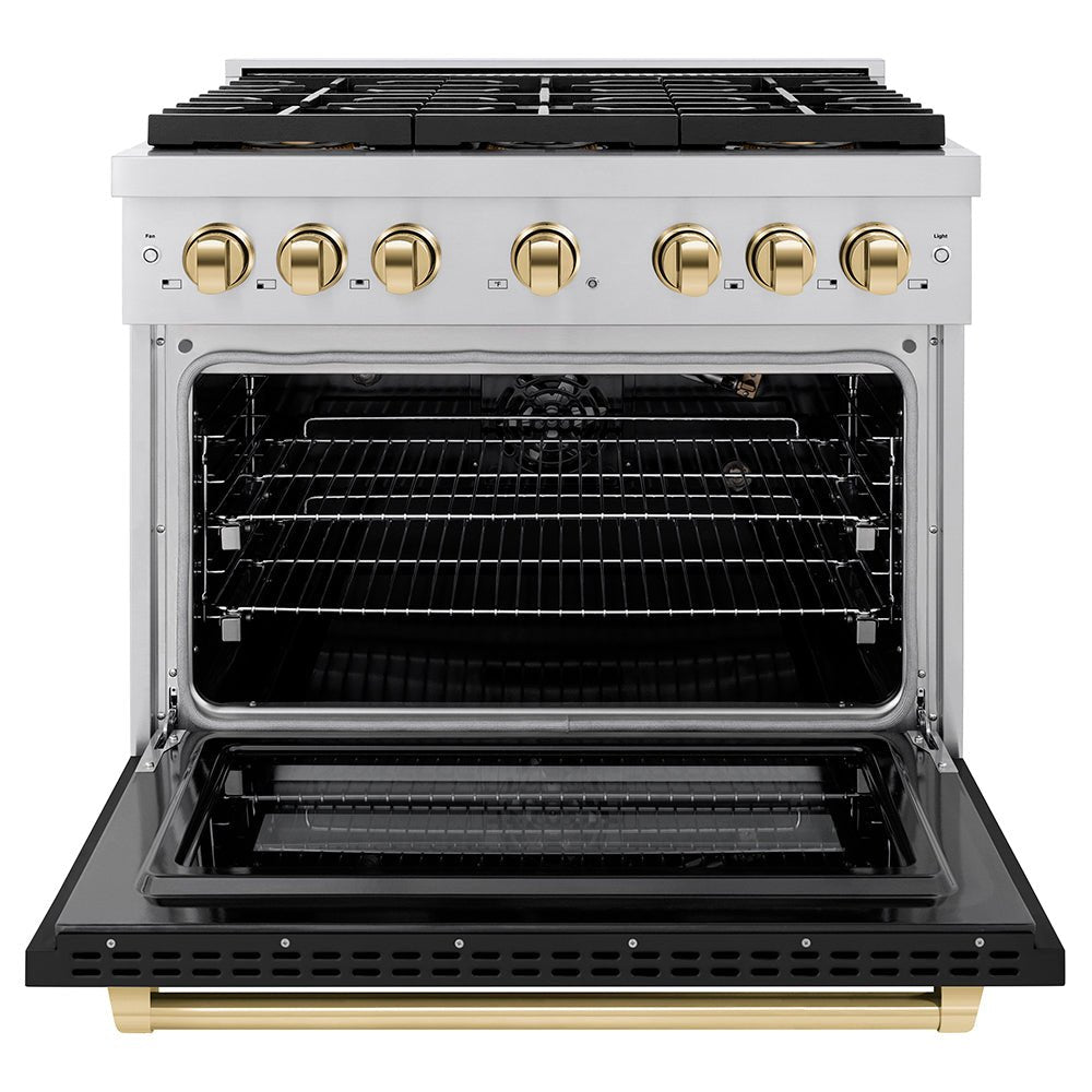 ZLINE Autograph Edition 36 in. 5.2 cu. ft. Paramount Gas Range with 6 Burner DuoProâ„¢ Cooktop and Convection Gas Oven with Black Matte Door and Polished Gold Accents (PSGRZ-BLM-36-G)