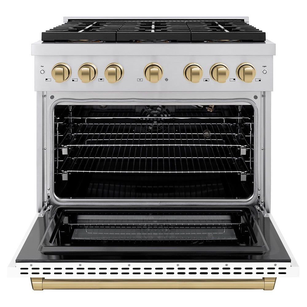 ZLINE Autograph Edition 36 in. 5.2 cu. ft. Paramount Gas Range with 6 Burner DuoProâ„¢ Cooktop and Convection Gas Oven with White Matte Door and Champagne Bronze Accents (PSGRZ-WM-36-CB)