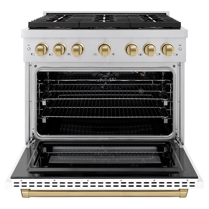 ZLINE Autograph Edition 36 in. 5.2 cu. ft. Paramount Gas Range with 6 Burner DuoProâ„¢ Cooktop and Convection Gas Oven with White Matte Door and Champagne Bronze Accents (PSGRZ-WM-36-CB)
