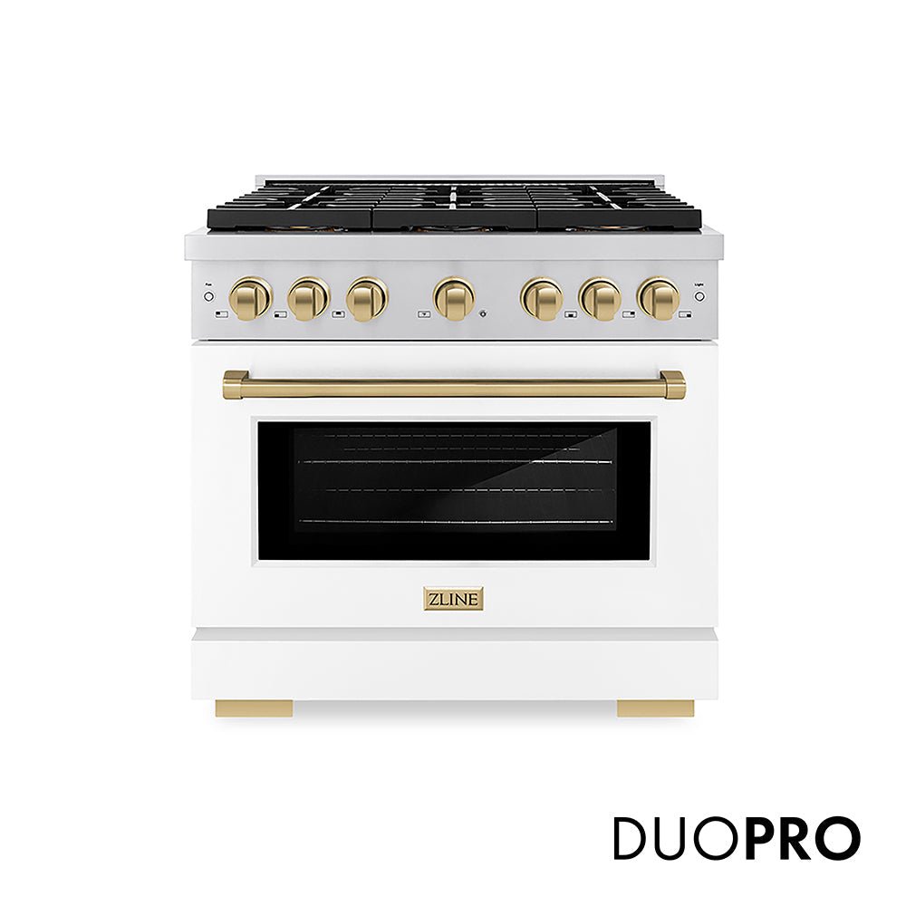 ZLINE Autograph Edition 36 in. 5.2 cu. ft. Paramount Gas Range with 6 Burner DuoProâ„¢ Cooktop and Convection Gas Oven with White Matte Door and Champagne Bronze Accents (PSGRZ-WM-36-CB)