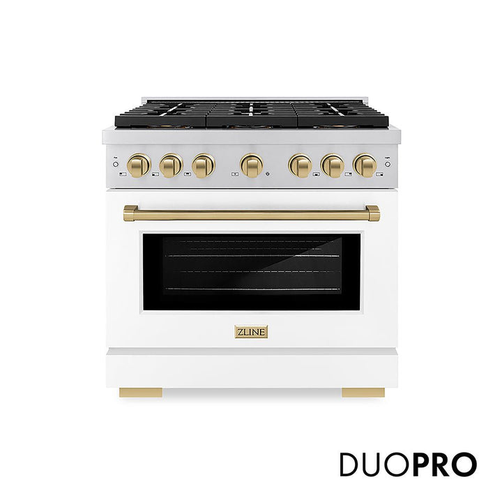 ZLINE Autograph Edition 36 in. 5.2 cu. ft. Paramount Gas Range with 6 Burner DuoProâ„¢ Cooktop and Convection Gas Oven with White Matte Door and Champagne Bronze Accents (PSGRZ-WM-36-CB)