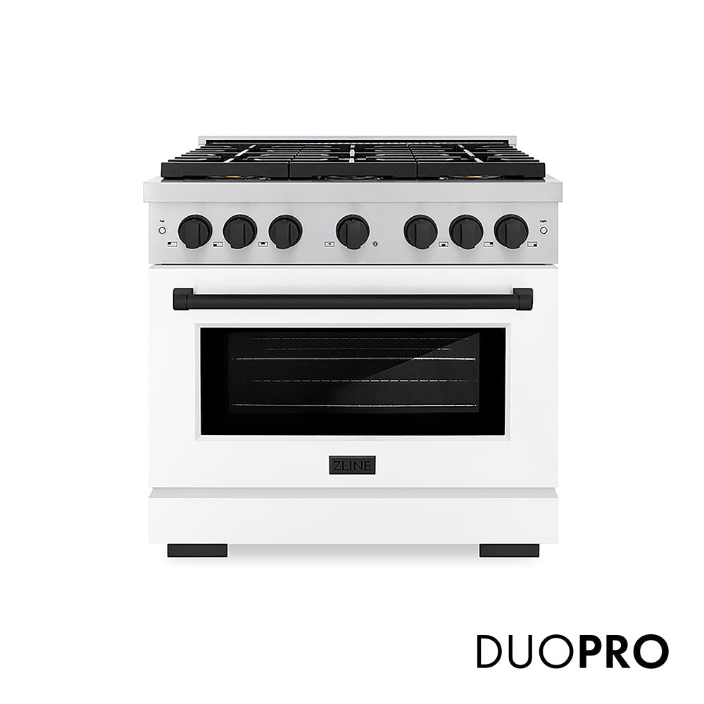 ZLINE Autograph Edition 36 in. 5.2 cu. ft. Paramount Gas Range with 6 Burner DuoProâ„¢ Cooktop and Convection Gas Oven with White Matte Door and Matte Black Accents (PSGRZ-WM-36-MB)