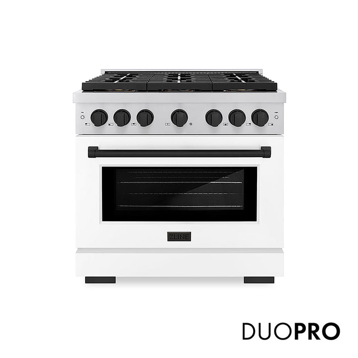 ZLINE Autograph Edition 36 in. 5.2 cu. ft. Paramount Gas Range with 6 Burner DuoProâ„¢ Cooktop and Convection Gas Oven with White Matte Door and Matte Black Accents (PSGRZ-WM-36-MB)