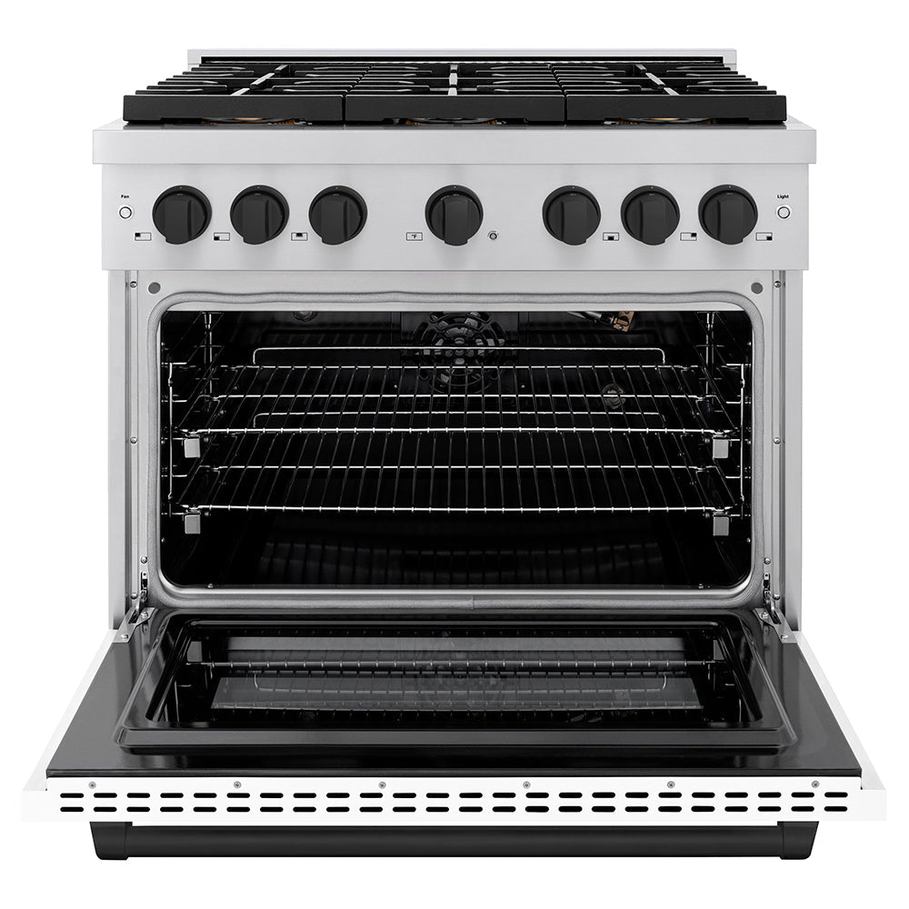 ZLINE Autograph Edition 36 in. 5.2 cu. ft. Paramount Gas Range with 6 Burner DuoProâ„¢ Cooktop and Convection Gas Oven with White Matte Door and Matte Black Accents (PSGRZ-WM-36-MB)