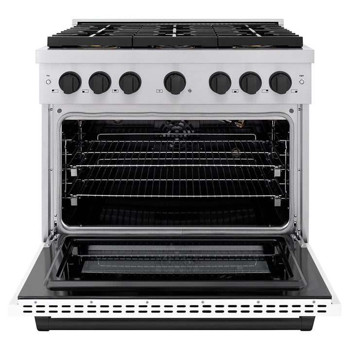 ZLINE Autograph Edition 36 in. 5.2 cu. ft. Paramount Gas Range with 6 Burner DuoProâ„¢ Cooktop and Convection Gas Oven with White Matte Door and Matte Black Accents (PSGRZ-WM-36-MB)