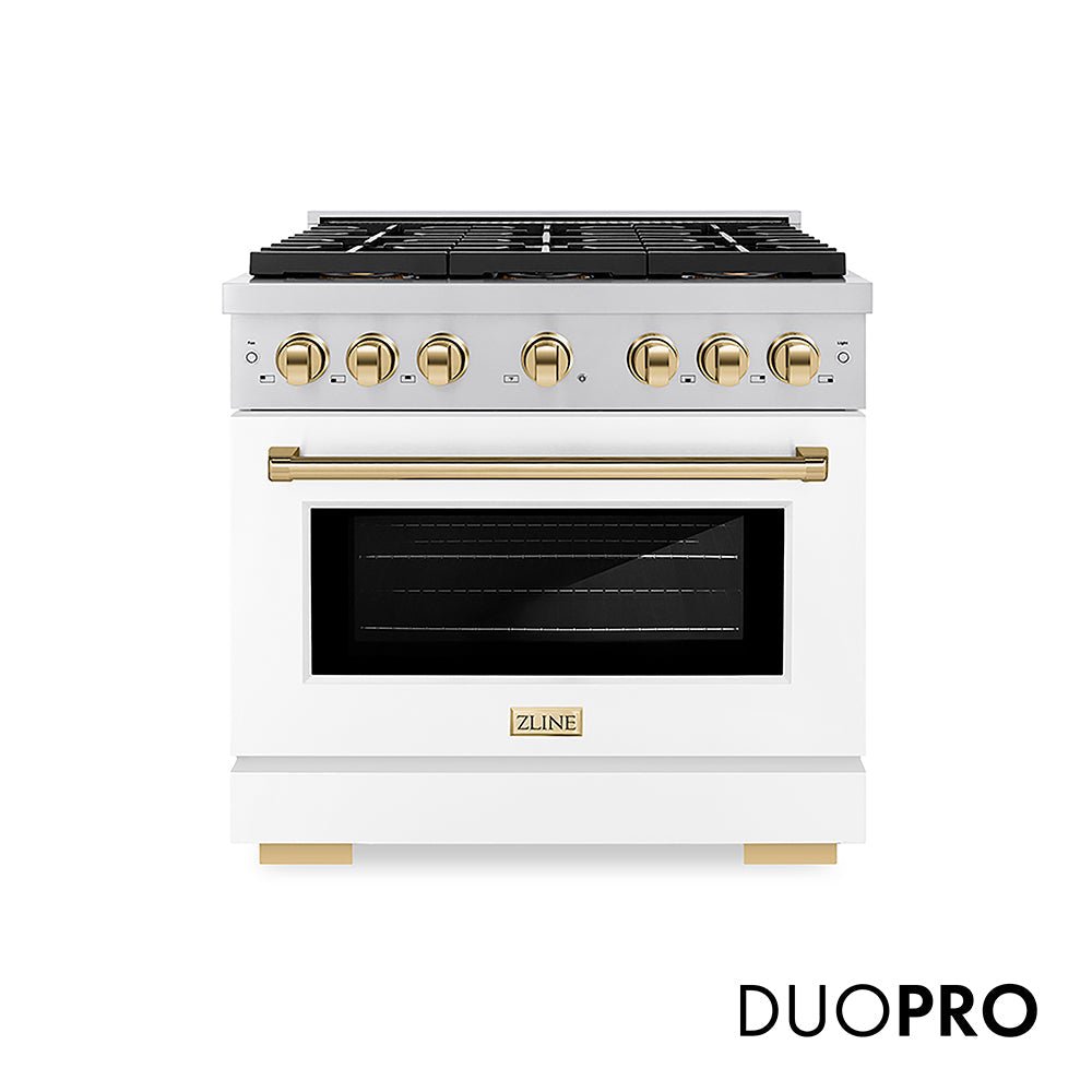 ZLINE Autograph Edition 36 in. 5.2 cu. ft. Paramount Gas Range with 6 Burner DuoProâ„¢ Cooktop and Convection Gas Oven with White Matte Door and Polished Gold Accents (PSGRZ-WM-36-G)