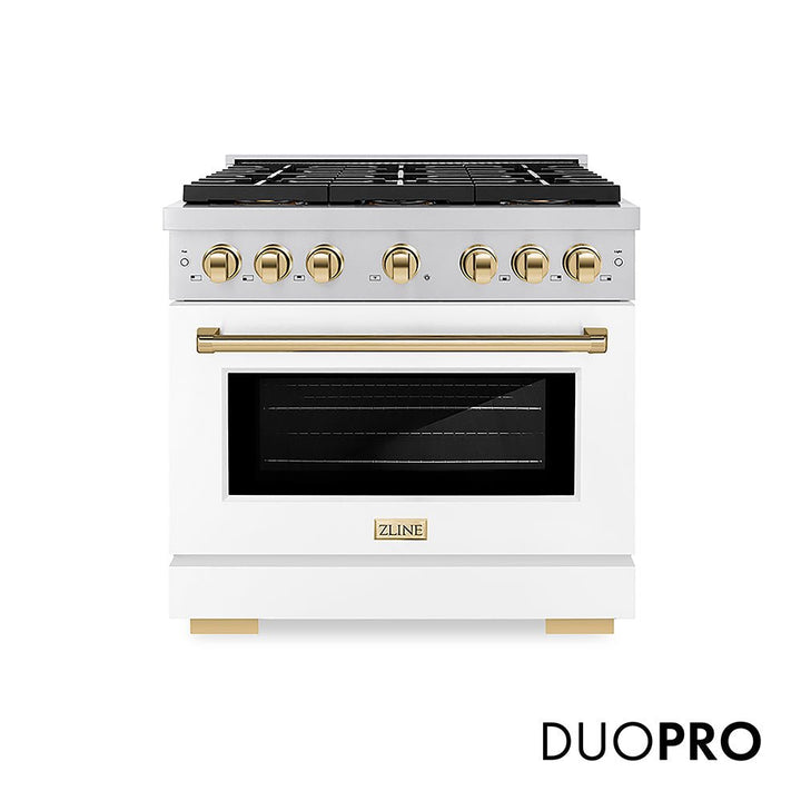 ZLINE Autograph Edition 36 in. 5.2 cu. ft. Paramount Gas Range with 6 Burner DuoProâ„¢ Cooktop and Convection Gas Oven with White Matte Door and Polished Gold Accents (PSGRZ-WM-36-G)