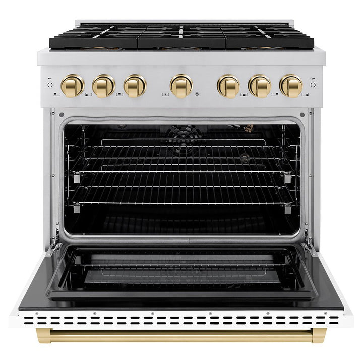 ZLINE Autograph Edition 36 in. 5.2 cu. ft. Paramount Gas Range with 6 Burner DuoProâ„¢ Cooktop and Convection Gas Oven with White Matte Door and Polished Gold Accents (PSGRZ-WM-36-G)