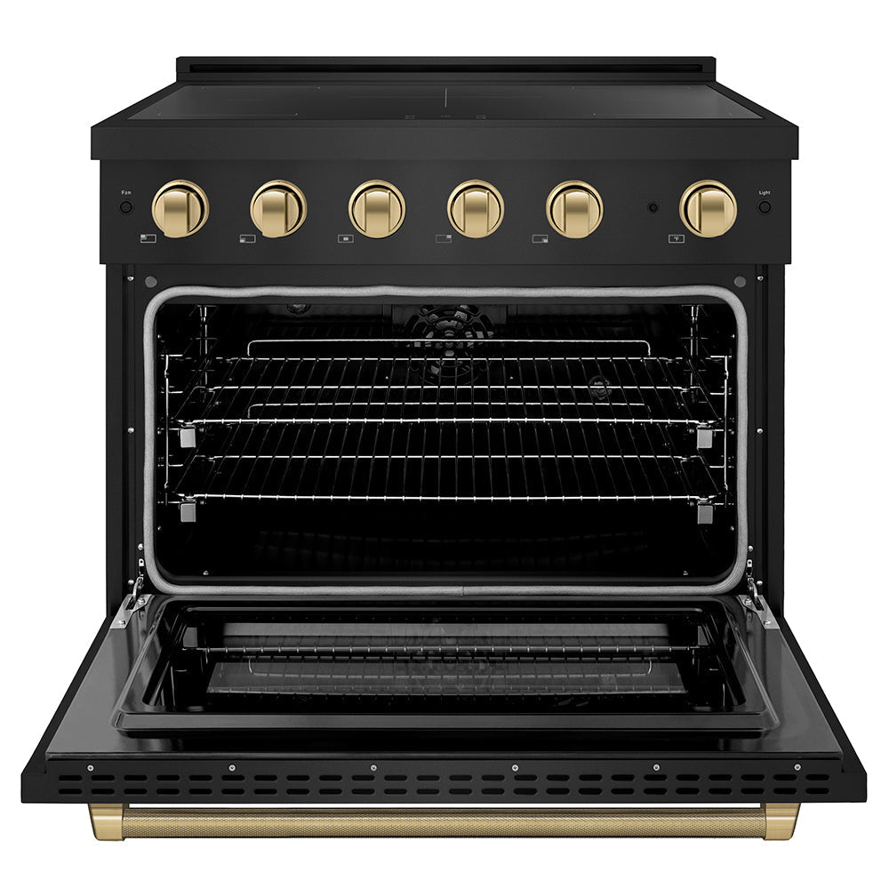ZLINE Autograph Edition 36 in. 5.2 cu. ft. Paramount Induction Range with 5 Element Cooktop and Electric Convection Oven in Black Stainless Steel with Champagne Bronze Helix Handle and Knob Accents (SINRBZ-36-KCB)