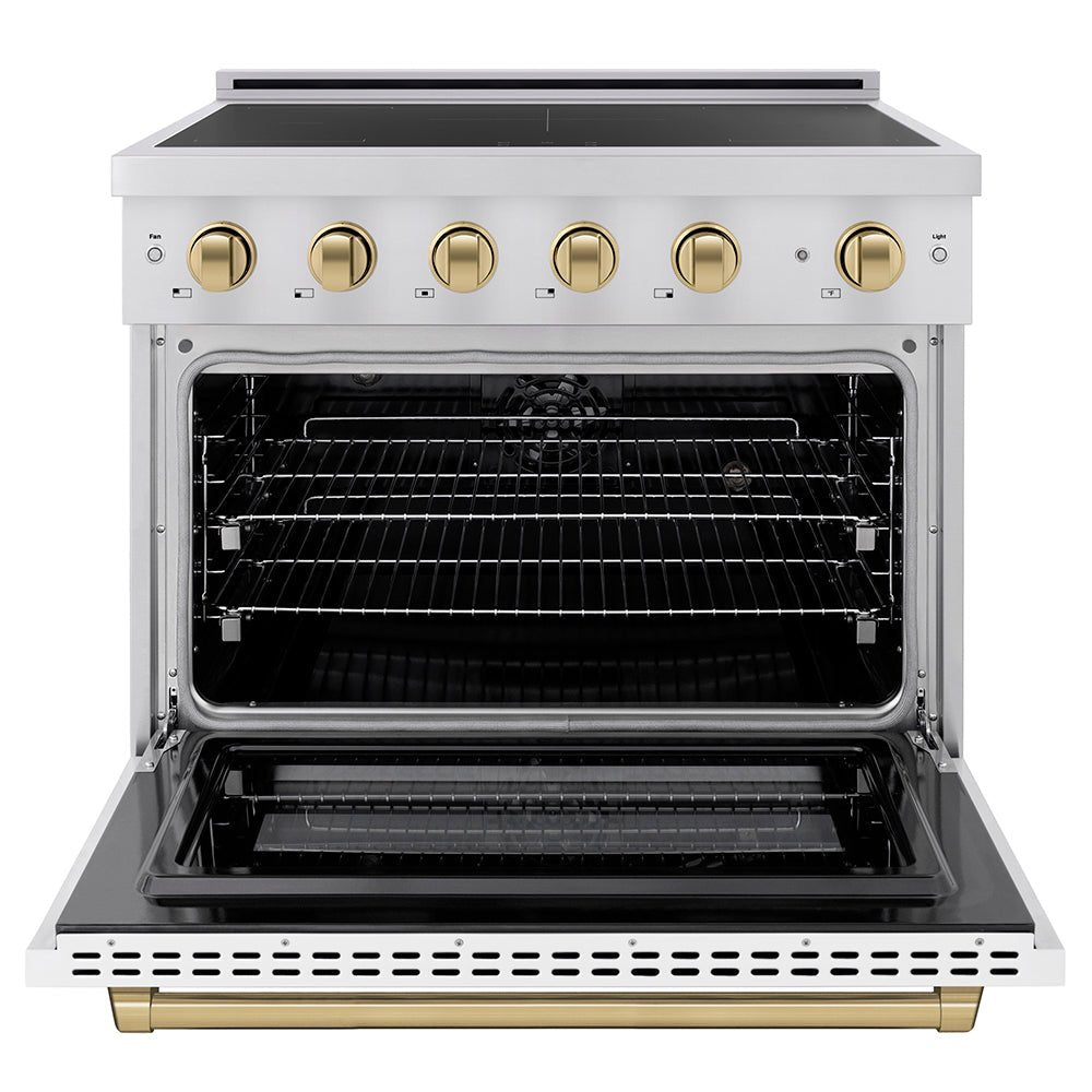 ZLINE Autograph Edition 36 in. 5.2 cu. ft. Paramount Induction Range with 5 Element Cooktop and Electric Convection Oven in Stainless Steel with White Matte Door and Champagne Bronze Accents (SINRZ-WM-36-CB)