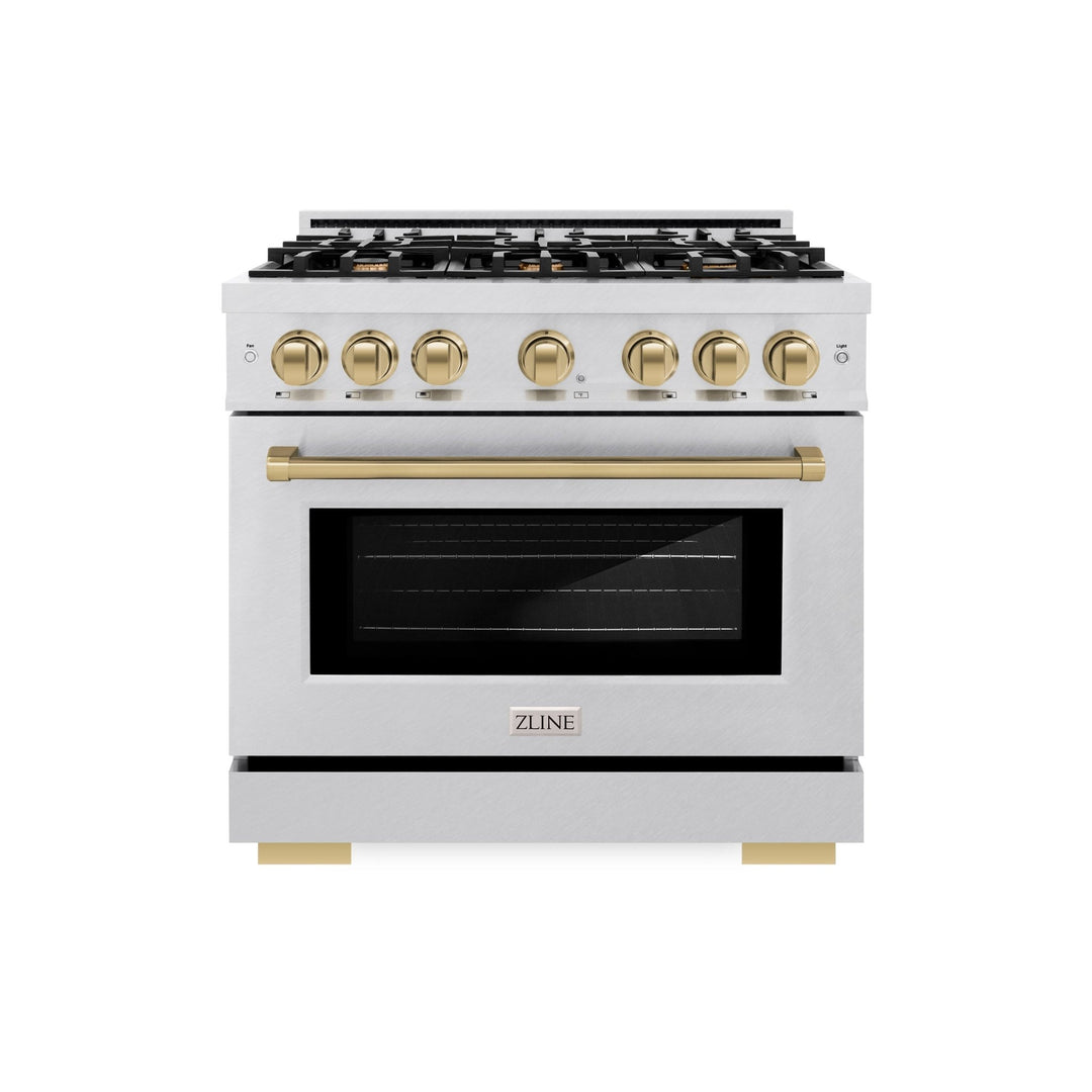 ZLINE Autograph Edition 36 in. 5.2 cu. ft. Select Dual Fuel Range with 6 Burner Gas Cooktop and Electric Convection Oven in Satin Stainless Steel with Champagne Bronze Accents (HDRSZ-36-CB)