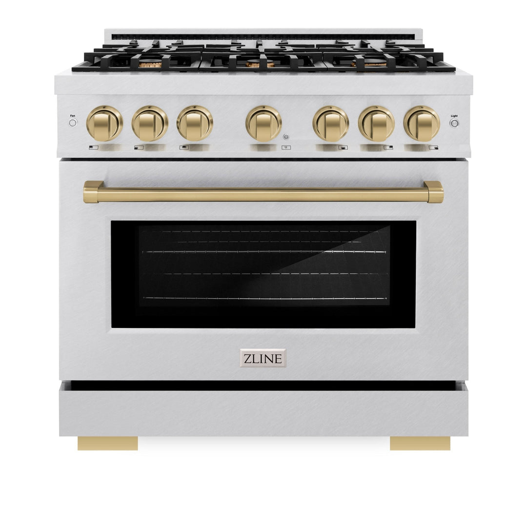 ZLINE Autograph Edition 36 in. 5.2 cu. ft. Select Dual Fuel Range with 6 Burner Gas Cooktop and Electric Convection Oven in Satin Stainless Steel with Champagne Bronze Accents (HDRSZ-36-CB)