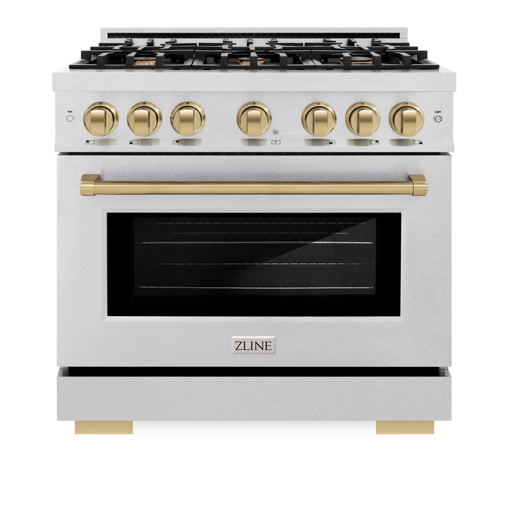 ZLINE Autograph Edition 36 in. 5.2 cu. ft. Select Dual Fuel Range with 6 Burner Gas Cooktop and Electric Convection Oven in Satin Stainless Steel with Champagne Bronze Accents (HDRSZ-36-CB)