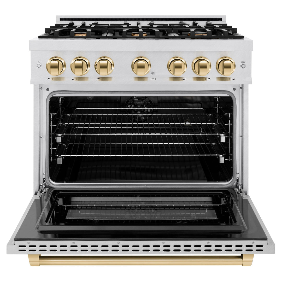 ZLINE Autograph Edition 36 in. 5.2 cu. ft. Select Dual Fuel Range with 6 Burner Gas Cooktop and Electric Convection Oven in Satin Stainless Steel with Polished Gold Accents (HDRSZ-36-G)