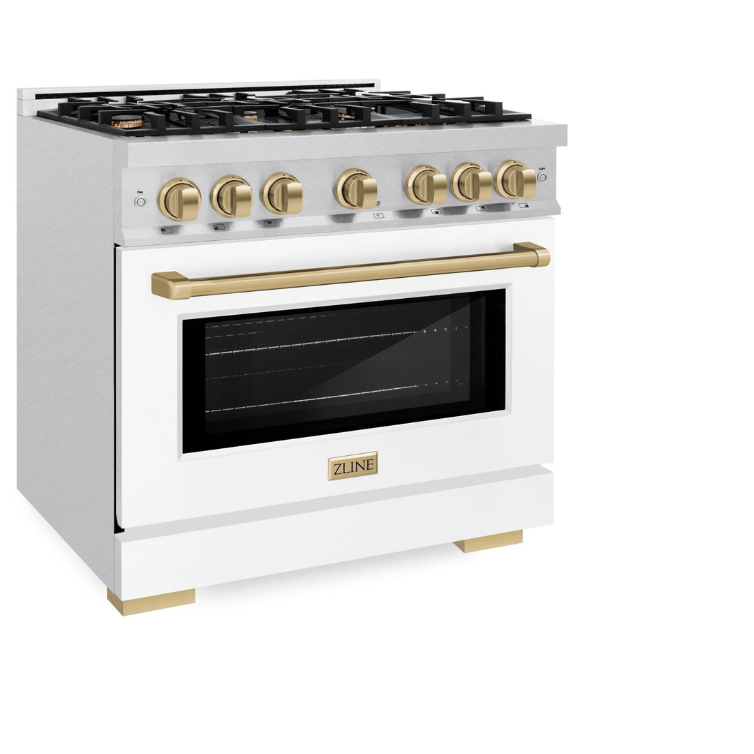 ZLINE Autograph Edition 36 in. 5.2 cu. ft. Select Dual Fuel Range with 6 Burner Gas Cooktop and Electric Convection Oven in Satin Stainless Steel with White Matte Door and Champagne Bronze Accents (HDRSZ-WM-36-CB)