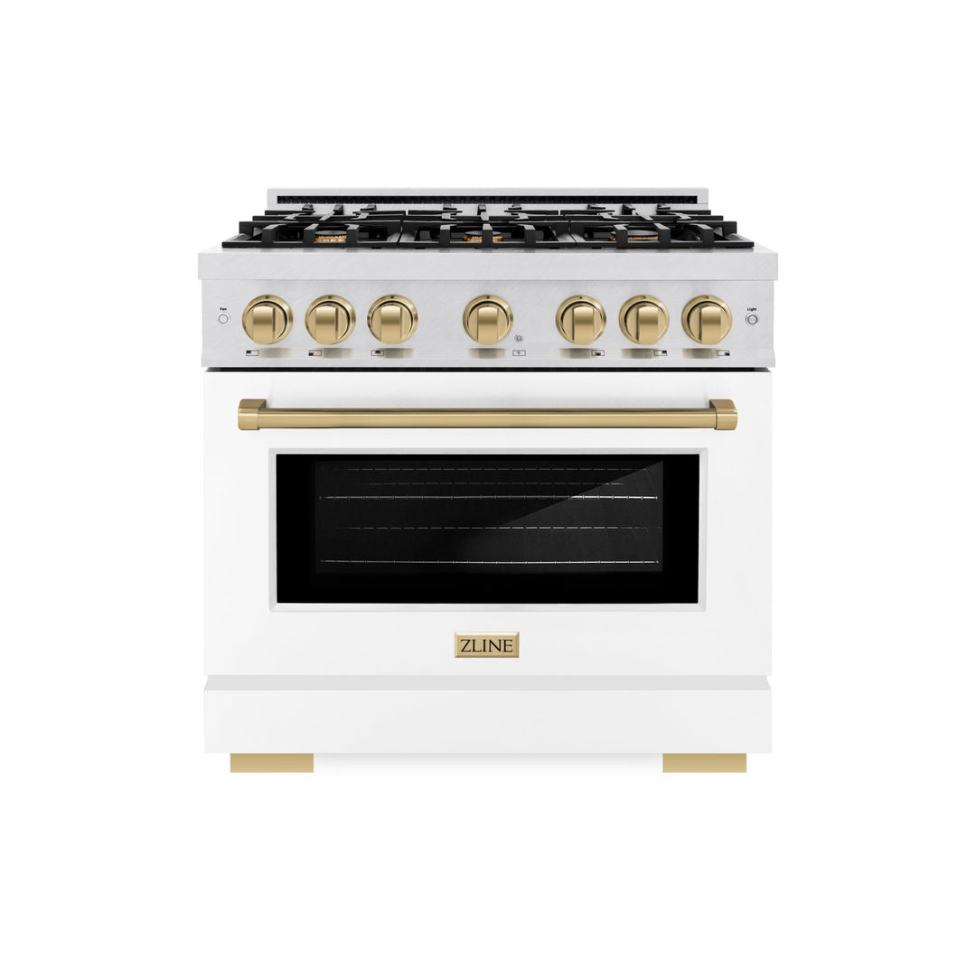 ZLINE Autograph Edition 36 in. 5.2 cu. ft. Select Dual Fuel Range with 6 Burner Gas Cooktop and Electric Convection Oven in Satin Stainless Steel with White Matte Door and Polished Gold Accents (HDRSZ-WM-36-G)