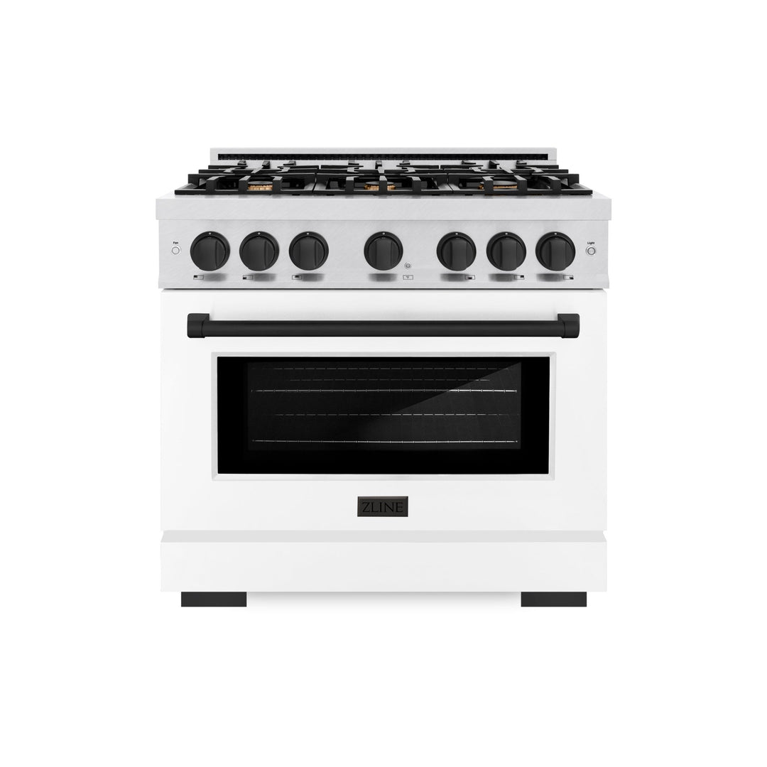 ZLINE Autograph Edition 36 in. 5.2 cu. ft. Select Dual Fuel Range with 6 Burner Gas Cooktop and Electric Convection Oven in Satin Stainless Steel with White Matte Door and Matte Black Accents (HDRSZ-WM-36-MB)
