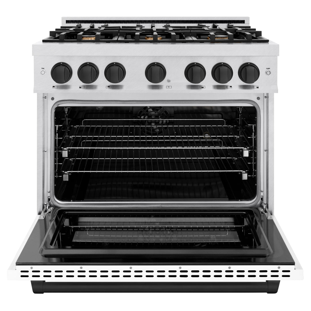 ZLINE Autograph Edition 36 in. 5.2 cu. ft. Select Dual Fuel Range with 6 Burner Gas Cooktop and Electric Convection Oven in Satin Stainless Steel with White Matte Door and Matte Black Accents (HDRSZ-WM-36-MB)