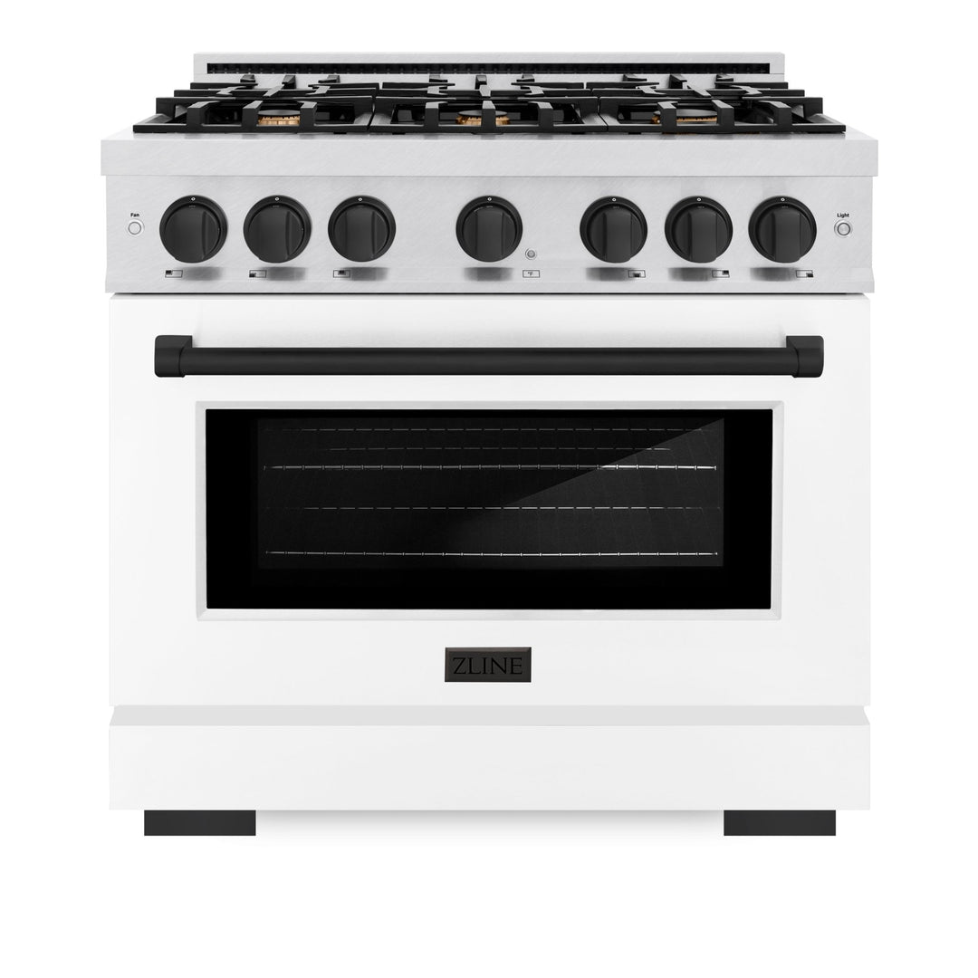 ZLINE Autograph Edition 36 in. 5.2 cu. ft. Select Dual Fuel Range with 6 Burner Gas Cooktop and Electric Convection Oven in Satin Stainless Steel with White Matte Door and Matte Black Accents (HDRSZ-WM-36-MB)