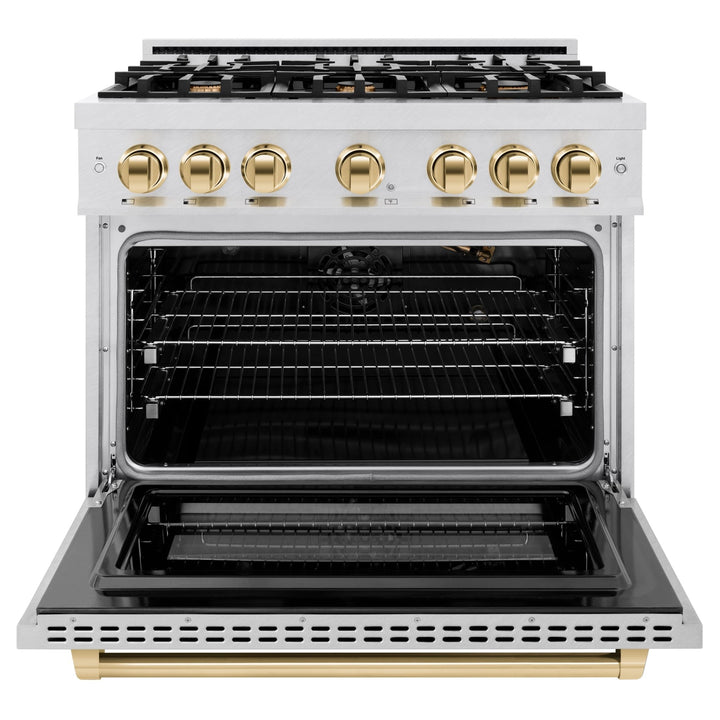 ZLINE Autograph Edition 36 in. 5.2 cu. ft. Select Gas Range with 6 Burner Cooktop and Convection Gas Oven in Satin Stainless Steel and Polished Gold Accents (HGRSZ-36-G)