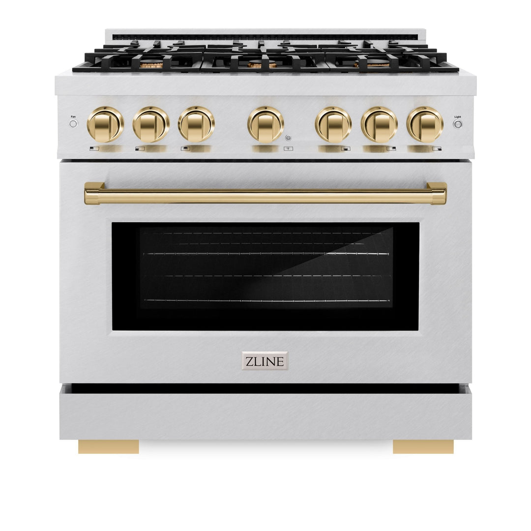 ZLINE Autograph Edition 36 in. 5.2 cu. ft. Select Gas Range with 6 Burner Cooktop and Convection Gas Oven in Satin Stainless Steel and Polished Gold Accents (HGRSZ-36-G)