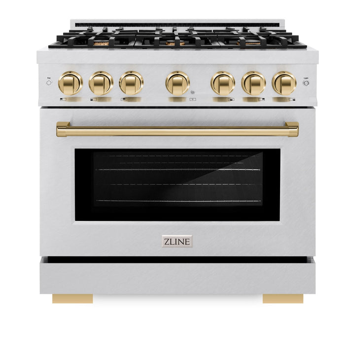 ZLINE Autograph Edition 36 in. 5.2 cu. ft. Select Gas Range with 6 Burner Cooktop and Convection Gas Oven in Satin Stainless Steel and Polished Gold Accents (HGRSZ-36-G)