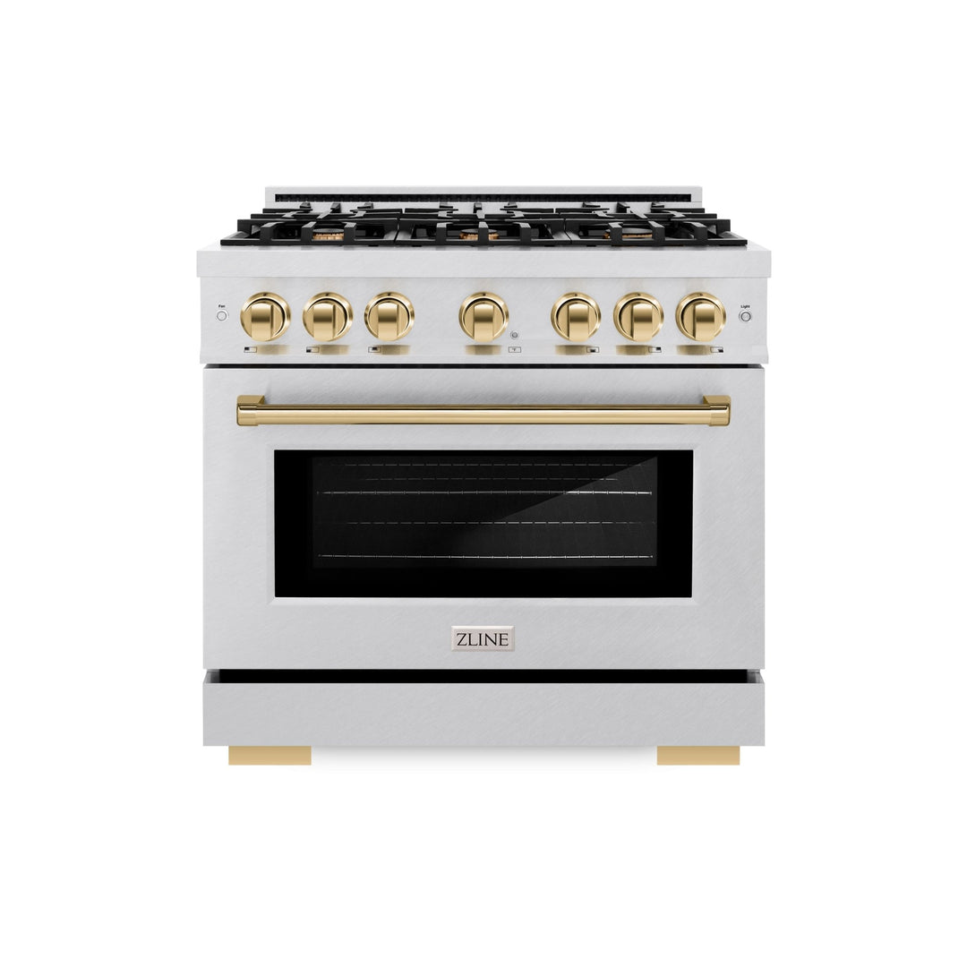 ZLINE Autograph Edition 36 in. 5.2 cu. ft. Select Gas Range with 6 Burner Cooktop and Convection Gas Oven in Satin Stainless Steel and Polished Gold Accents (HGRSZ-36-G)