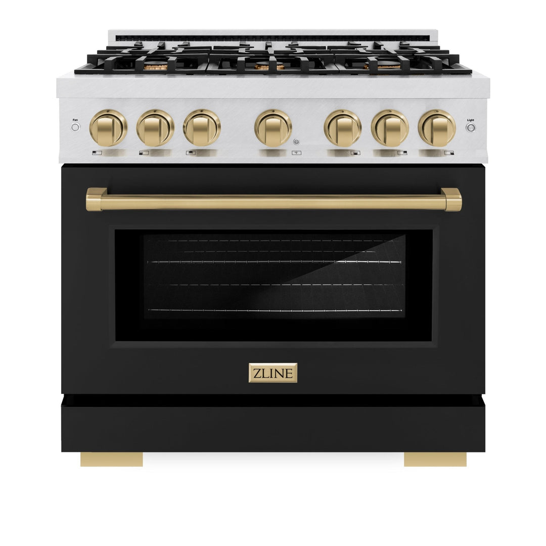 ZLINE Autograph Edition 36 in. 5.2 cu. ft. Select Gas Range with 6 Burner Cooktop and Convection Gas Oven in Satin Stainless Steel with Black Matte Door and Champagne Bronze Accents (HGRSZ-BLM-36-CB)