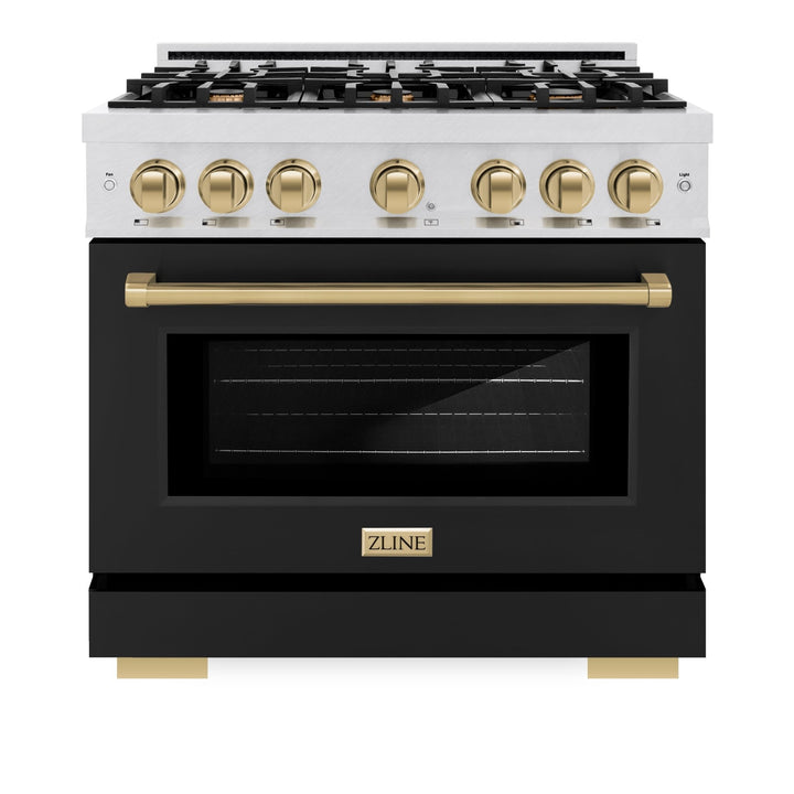 ZLINE Autograph Edition 36 in. 5.2 cu. ft. Select Gas Range with 6 Burner Cooktop and Convection Gas Oven in Satin Stainless Steel with Black Matte Door and Champagne Bronze Accents (HGRSZ-BLM-36-CB)