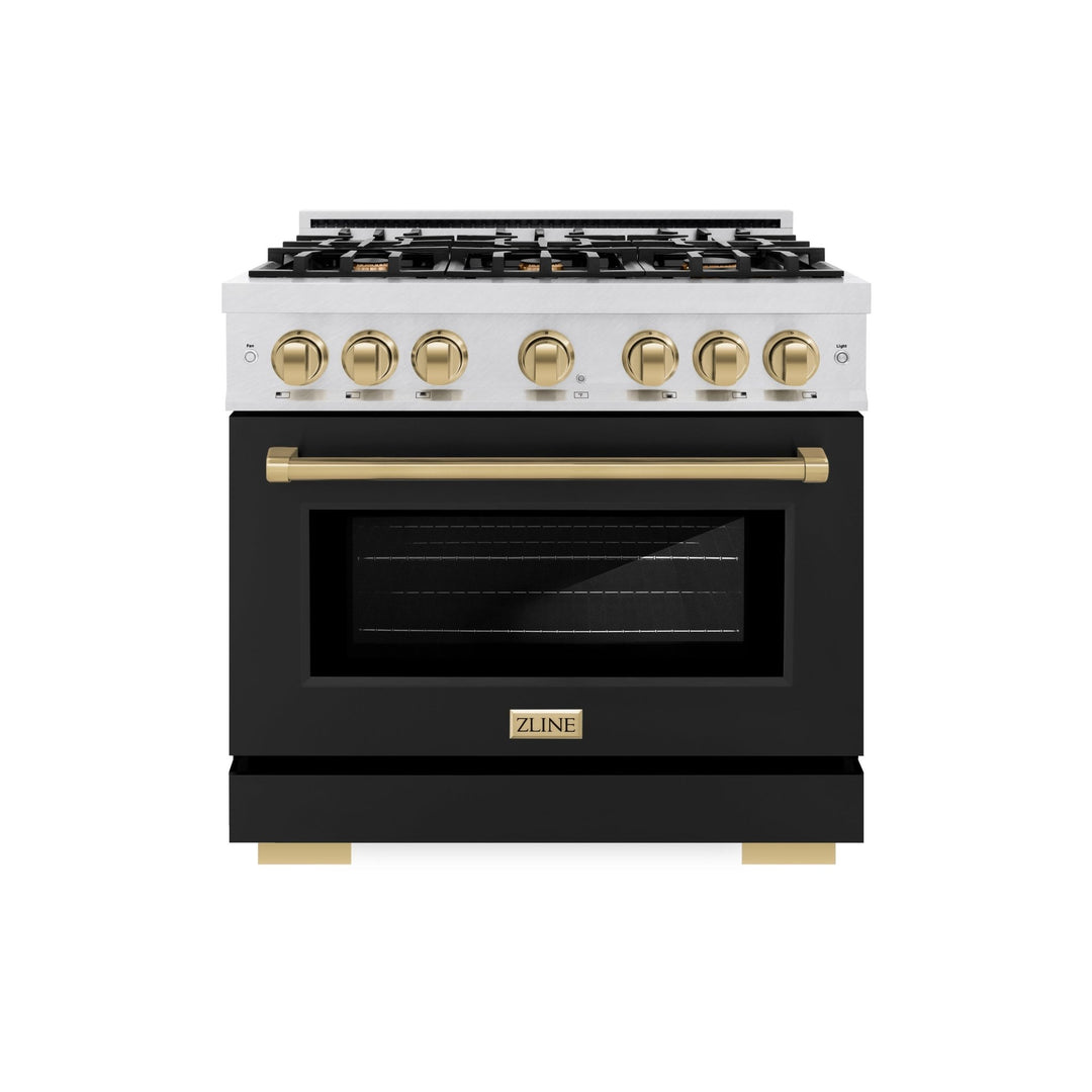 ZLINE Autograph Edition 36 in. 5.2 cu. ft. Select Gas Range with 6 Burner Cooktop and Convection Gas Oven in Satin Stainless Steel with Black Matte Door and Champagne Bronze Accents (HGRSZ-BLM-36-CB)
