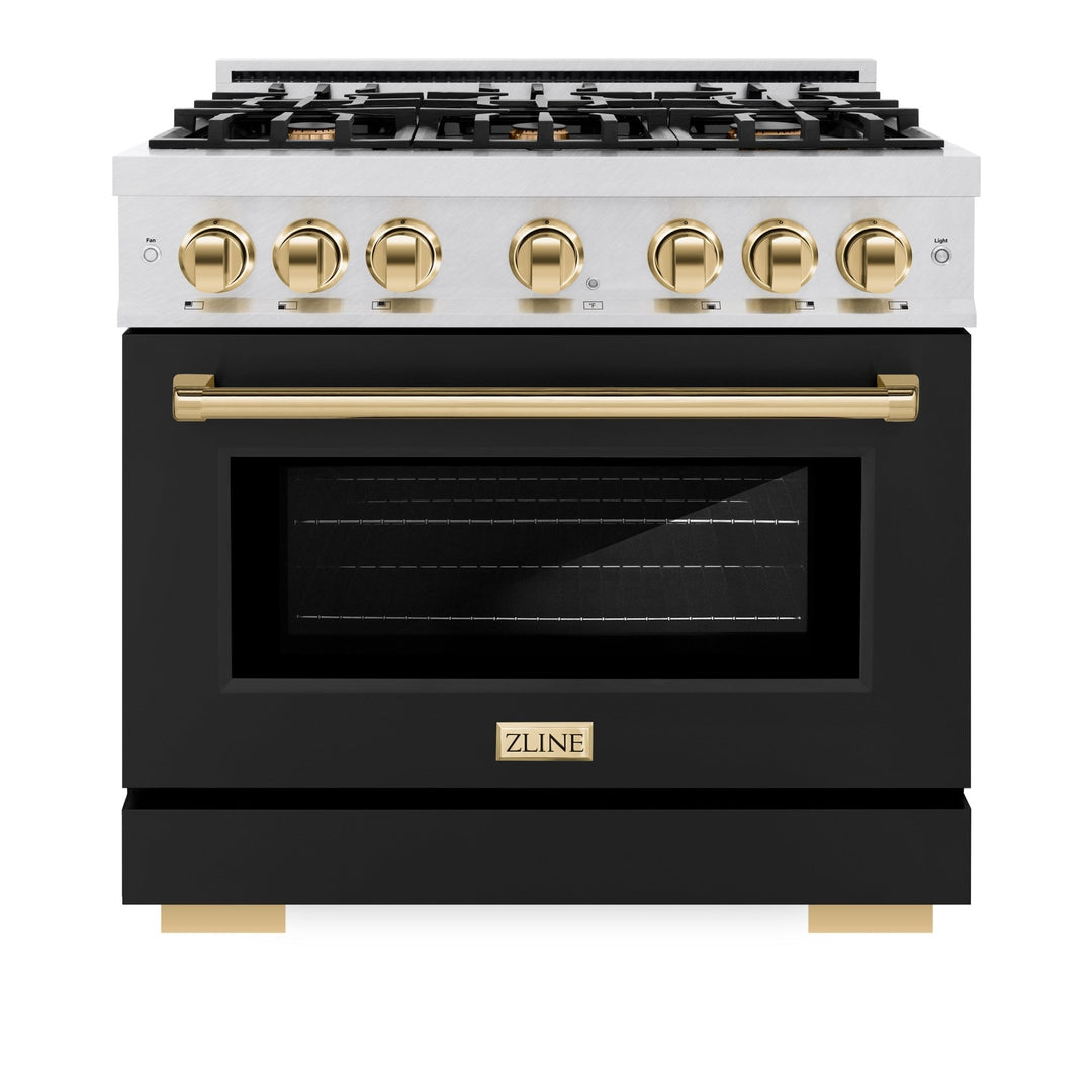 ZLINE Autograph Edition 36 in. 5.2 cu. ft. Select Gas Range with 6 Burner Cooktop and Convection Gas Oven in Satin Stainless Steel with Black Matte Door and Polished Gold Accents (HGRSZ-BLM-36-G)