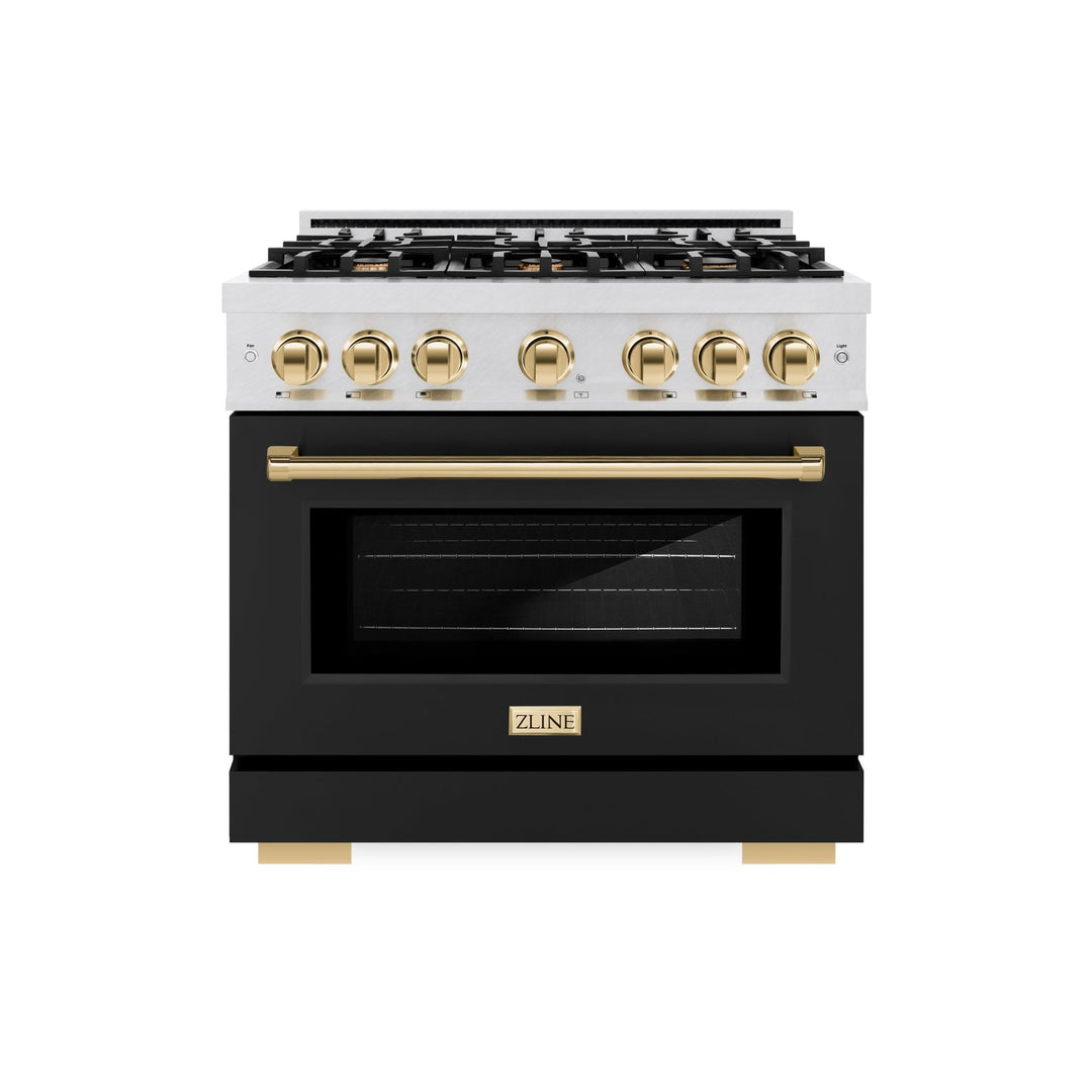 ZLINE Autograph Edition 36 in. 5.2 cu. ft. Select Gas Range with 6 Burner Cooktop and Convection Gas Oven in Satin Stainless Steel with Black Matte Door and Polished Gold Accents (HGRSZ-BLM-36-G)