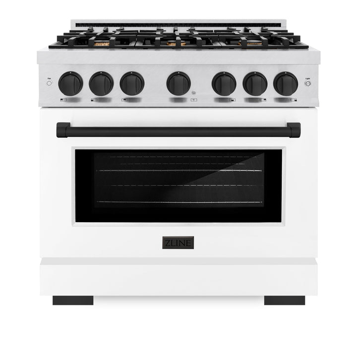 ZLINE Autograph Edition 36 in. 5.2 cu. ft. Select Gas Range with 6 Burner Cooktop and Convection Gas Oven in Satin Stainless Steel with White Matte Door and Matte Black Accents (HGRSZ-WM-36-MB)
