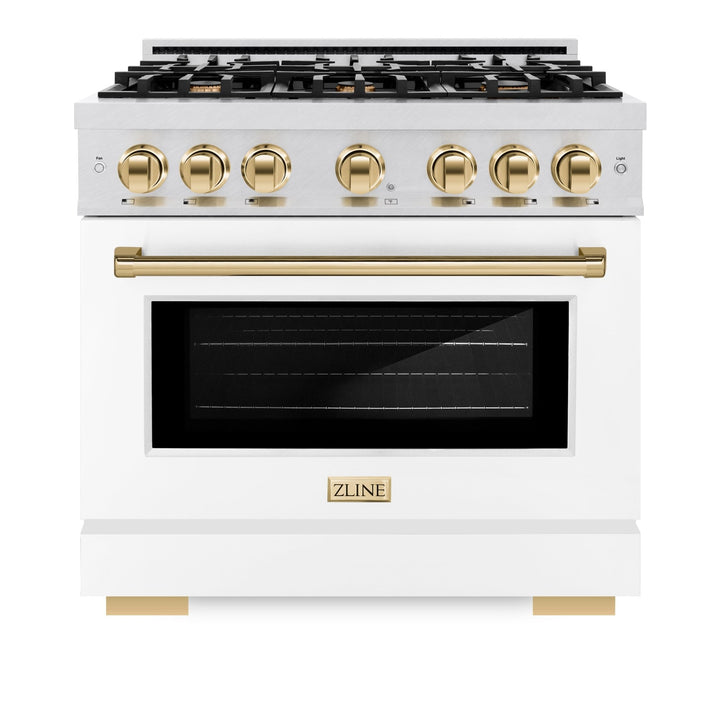 ZLINE Autograph Edition 36 in. 5.2 cu. ft. Select Gas Range with 6 Burner Cooktop and Convection Gas Oven in Satin Stainless Steel with White Matte Door and Polished Gold Accents (HGRSZ-WM-36-G)