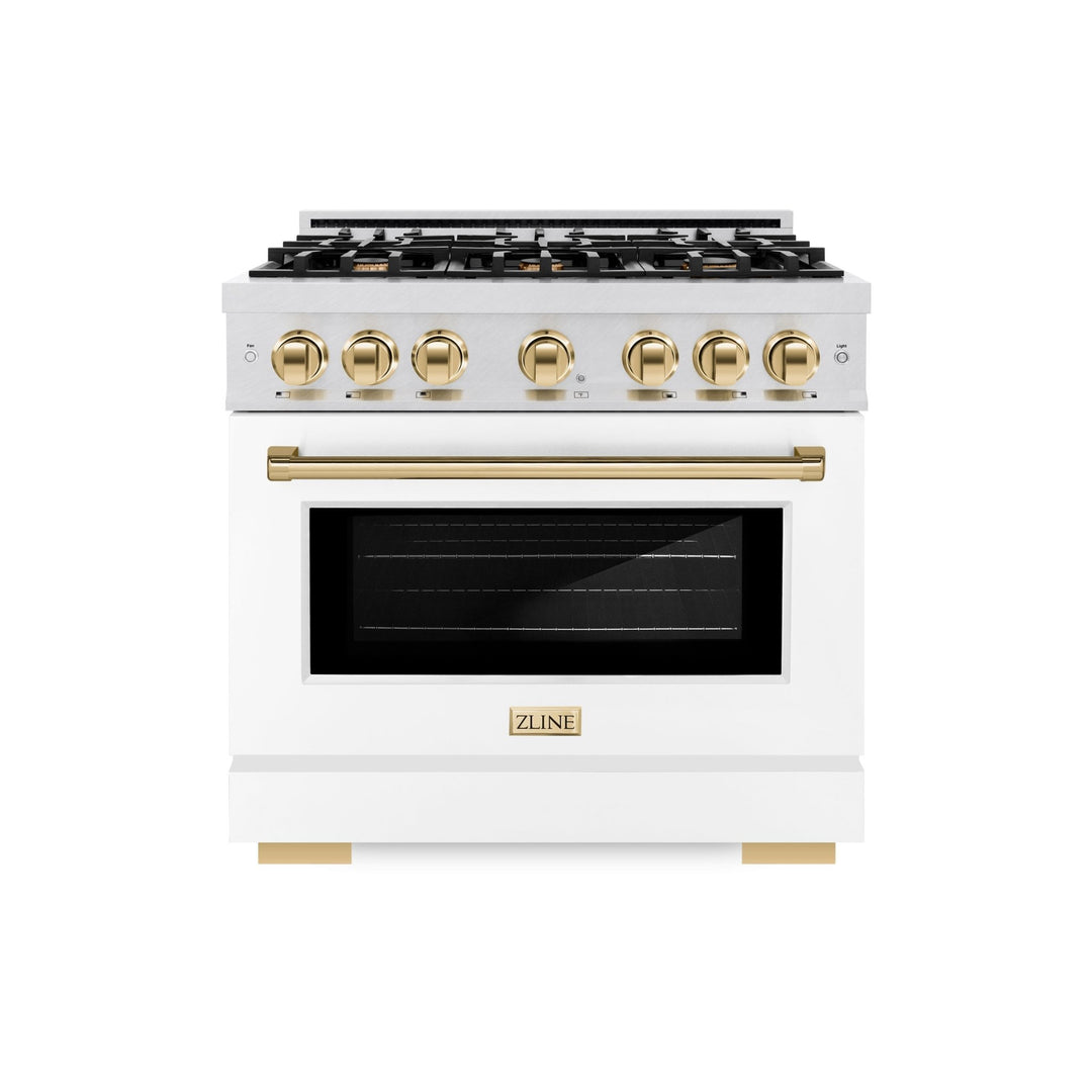 ZLINE Autograph Edition 36 in. 5.2 cu. ft. Select Gas Range with 6 Burner Cooktop and Convection Gas Oven in Satin Stainless Steel with White Matte Door and Polished Gold Accents (HGRSZ-WM-36-G)