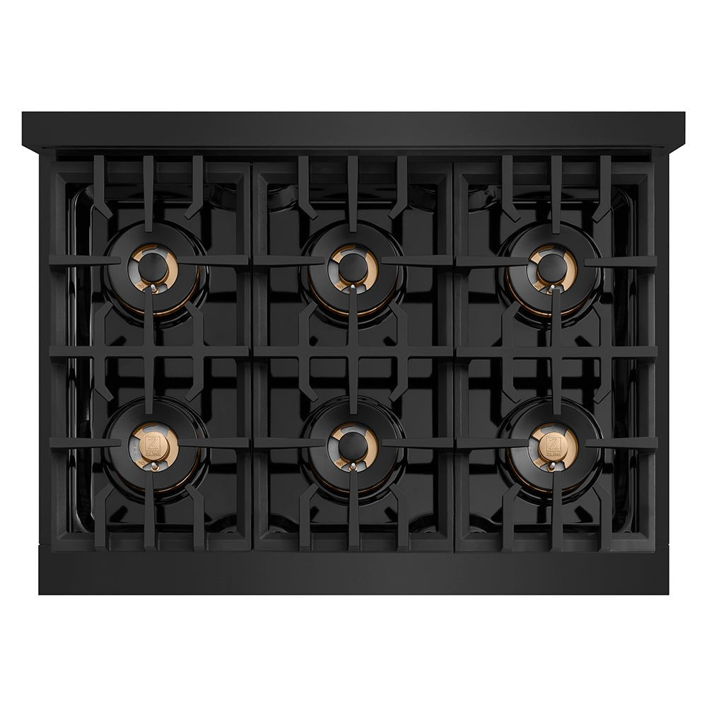 ZLINE Autograph Edition 36 in. Classic Gas Rangetop with 6 Burner DuoProâ„¢ Cooktop in Black Stainless Steel and Champagne Bronze Accents (PCRTBZ-36-CB)